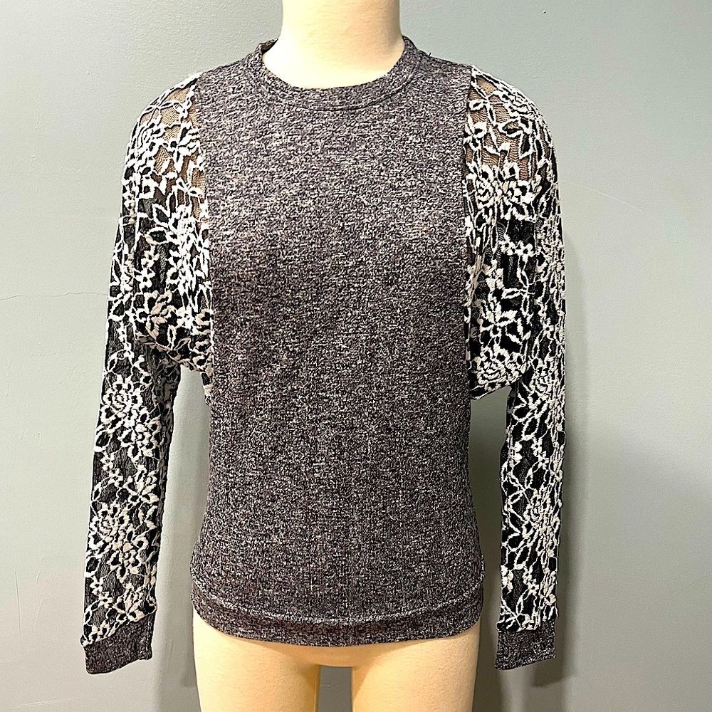 The Cue Cherqu Heather Grey Knit Crewneck with Sheer Lace Batwing Long Sleeves